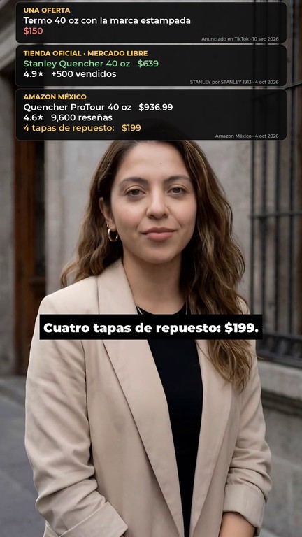 Video del termo de 40 onzas: $150 con la marca estampada, $639 en la tienda oficial y $199 las cuatro tapas de repuesto