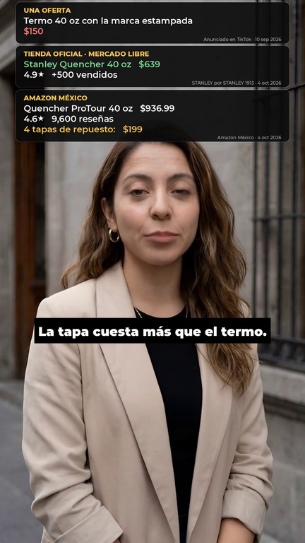 Video del termo de 40 onzas: $150 con la marca estampada, $639 en la tienda oficial y $199 las cuatro tapas de repuesto